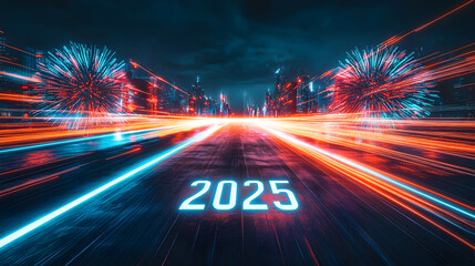 Poster - Futuristic Neon Cityscape with Fireworks and Speeding Lights Representing the Year 2025 in a Vibrant Urban Environment at Night