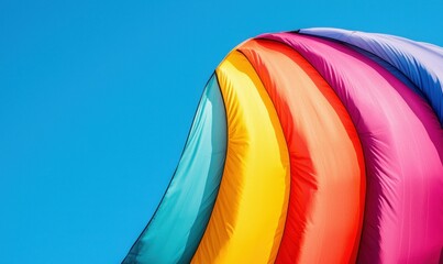 Poster - A mesmerizing view of colorful fabric curves against a stunning blue sky background.