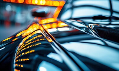 Poster - A close-up shot highlights the sleek, reflective surface of a luxury car under ambient lights.