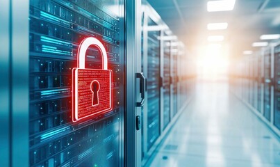 Poster - Glowing padlock displayed over a server rack, indicating data protection in a data center environment.