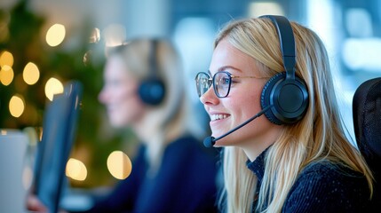 Poster - A smiling customer service representative assisting a client while wearing a headset at her desk.