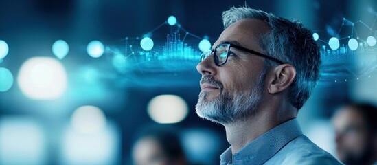 Poster - A focused businessman with glasses contemplates the innovative digital data structures above him.