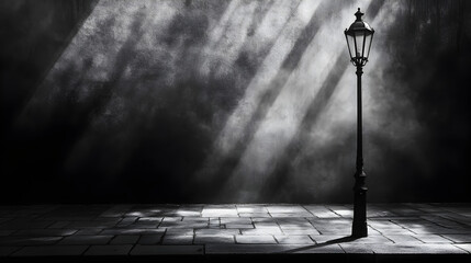 Poster - Ethereal Street Lamp Illuminates Cobblestone Pathway in Mysterious Misty Atmosphere at Dawn, Capturing the Essence of Urban Tranquility and Solitude