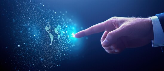 Poster - A hand touches a glowing world map, representing global business and technological connection.