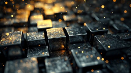 Abstract background of dark cubes with golden glitter and bokeh lights in a shallow depth of field