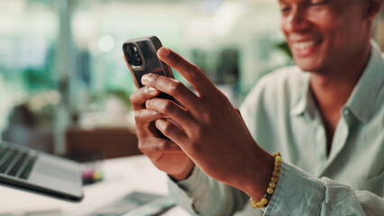 Fototapete - Hands, phone and man in office with contact, communication or social networking with chatting. Technology, connectivity and male journalist with internet search or texting on cellphone in workplace.
