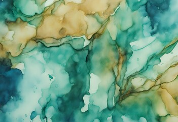 Poster - watercolor swabs blue ocher hand wallpaper green alcohol paintbrush ink drawn illustration stain aethereal dynamic water wave light turquoise paper circle modern ultramarine grunge colours line