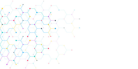 Fototapete - Genetic engineering and molecular structure, hexagon DNA network, science chemical and biotechnology concept, innovation technology, healthcare, and medicine design.
