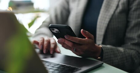 Poster - Business woman, hands and phone with laptop, scroll and online communication with manager. Computer, mobile message and social media browse in office or workplace with contact and planning at company