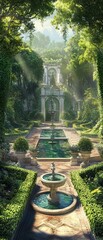 Wall Mural - tiered fountain in a lush green garden with stone steps and building.