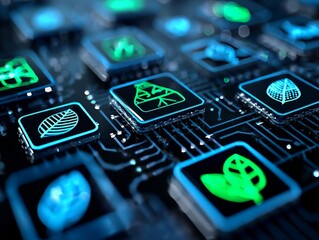 The background of sustainable data technology combines green tech elements like renewable energy icons and eco-friendly data systems, distinguished by its use of green and blue shades that symbolize
