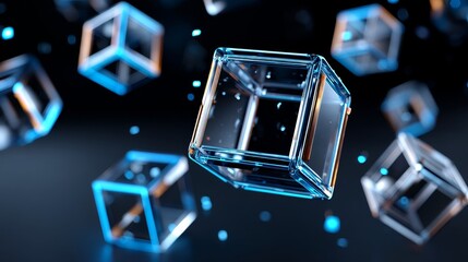 Aufkleber - An abstract poster background showcases digital technology with a blue glowing cube as its central element