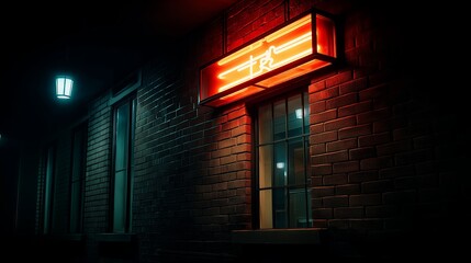 Aufkleber - A retro neon sign glowing against a dark brick wall at night