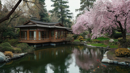 Poster - A peaceful Japanese garden with a koi pond and cherry blossoms in bloom