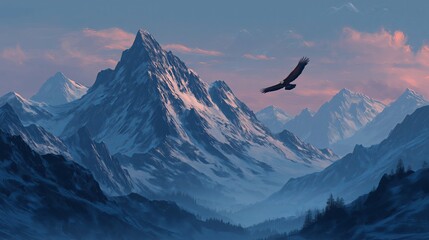 Poster - A majestic eagle soaring over snow-capped mountains at golden hour