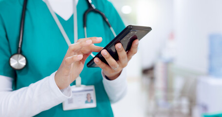 Poster - Nurse, hands and woman with mobile for healthcare, report and check records for telehealth. Phone, communication and medical worker on internet for wellness email, scroll and research in hospital