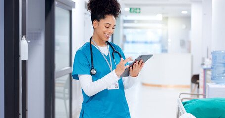 Poster - Nurse, tablet and happy woman in hospital for medical news, report or check records for telehealth. Tech, reading or healthcare professional on internet for communication, wellness email or research