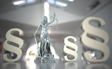 Wall Mural - 4k video of the Lady justice statue with paragraphs in the modern office. ProRes 4444.
