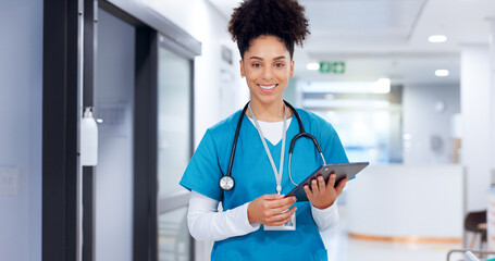 Poster - Nurse, tablet and portrait of happy woman in hospital for medical career, telehealth or medicine. African surgeon, technology or healthcare worker on internet for communication, wellness or research