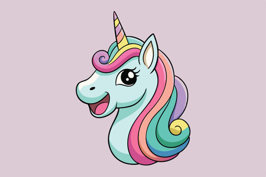 Vibrant and whimsical cartoon unicorn head illustration, featuring playful laughter and neighing sounds.