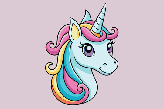 Vibrant and whimsical cartoon unicorn head illustration, featuring playful laughter and neighing sounds.