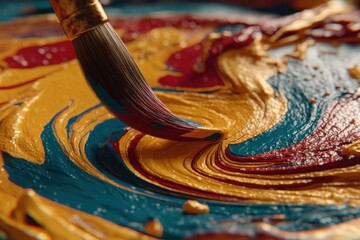 Poster - An artistic close-up of a paintbrush blending vibrant gold, red, and teal paints, creating a dynamic abstract texture with flowing strokes and a rich, textured surface.