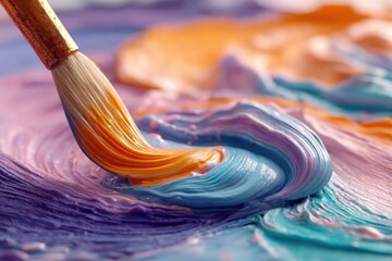 Poster - a close-up of a paintbrush blending vibrant acrylic paint colors together, creating a colorful and t