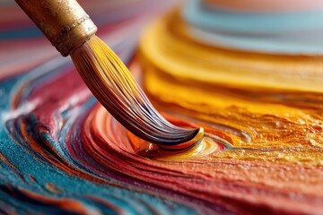 Poster - close-up of a golden paintbrush blending vibrant colors on a canvas, creating textured brushstrokes 