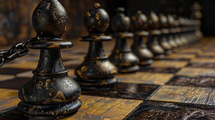 Poster - Black and gold chess pieces on a wooden chessboard. The focus is on the black pawn in the front left corner, which is chained to the board.