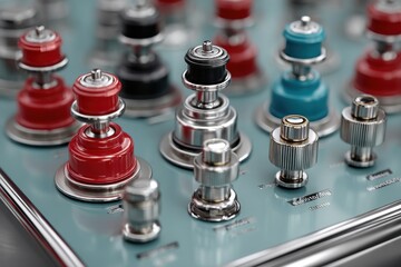 Poster - Detailed close-up of an intricate control panel featuring a variety of colorful buttons, knobs, and switches, showcasing the complexity and functionality of the device.