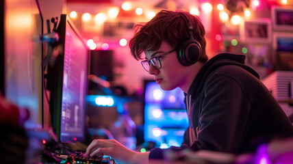 Aufkleber - this teenager focused on gaming and projects, surrounded by colorful led lights and a cozy atmospher