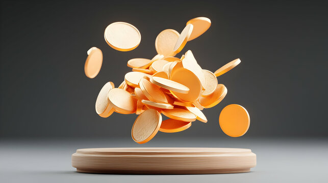 Golden Coins Falling on Wooden Display
