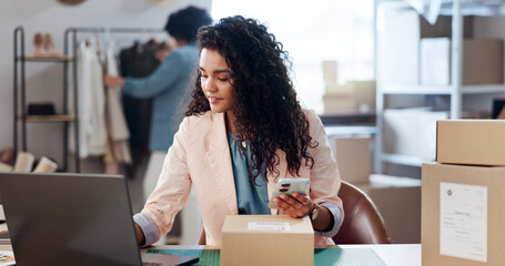 Poster - Laptop, phone and woman with cardboard box in office for ecommerce, courier or confirmation. Computer, cellphone and female designer with email for sale promotion with packages in workplace.