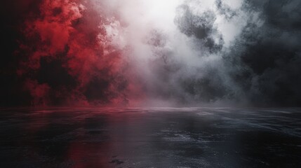 Aufkleber - A dramatic scene featuring swirling clouds of red and black, reflecting on a dark surface, creating an intense and moody atmosphere.