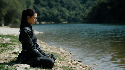 Poster - female ninja meditates by tranquil river, surrounded by lush greenery