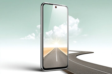 Poster - Smartphone displaying road disappearing into horizon with clouds and sun shining through in screen standing on road with road curving around it creating surreal scene