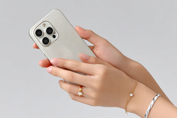 Poster - Smartphone in hands with jewelry ring and bracelets on a gray background. Woman holding smartphone with triple lens camera in hands