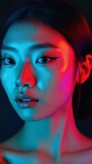 Poster - Moody close-up of a woman's face partially lit by neon blue and red lights, with shadows adding depth and mystery. 

