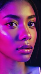 Poster - Moody close-up of a woman's face partially lit by neon blue and red lights, with shadows adding depth and mystery. 

