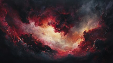 Poster - A dramatic, swirling sky filled with vibrant reds, oranges, and blacks, creating an intense, atmospheric scene reminiscent of a cosmic event.