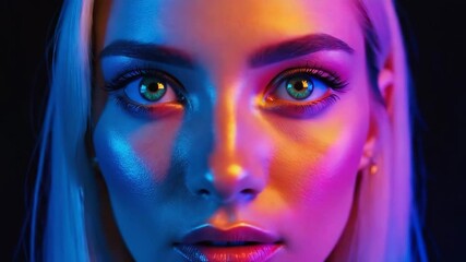 Poster - Moody close-up of a woman's face partially lit by neon blue and red lights, with shadows adding depth and mystery. 