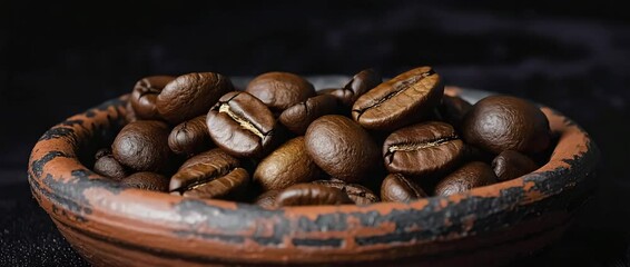 Poster - Cinematic close-up video of roasted coffee beans gently shifting inside a dark bowl, 