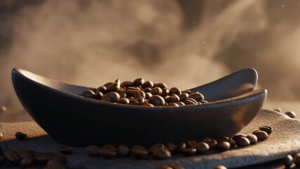 Poster - Cinematic close-up video of roasted coffee beans gently shifting inside a dark bowl, 