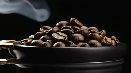 Poster - Cinematic close-up video of roasted coffee beans gently shifting inside a dark bowl, 