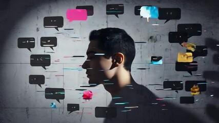 Aufkleber - Cinematic sequence featuring a static bust surrounded by slowly drifting speech bubbles, 