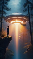 Aufkleber - Atmospheric tracking shot of a male silhouette in the woods at night, turning slightly as a silent UFO casts shifting light beams through the mist and trees.

