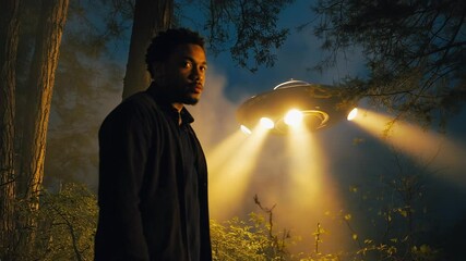 Poster - Atmospheric tracking shot of a male silhouette in the woods at night, turning slightly as a silent UFO casts shifting light beams through the mist and trees.

