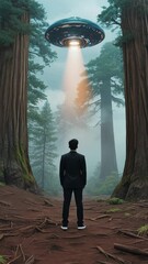 Poster - Atmospheric tracking shot of a male silhouette in the woods at night, turning slightly as a silent UFO casts shifting light beams through the mist and trees.

