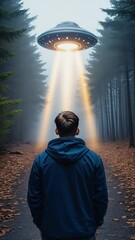 Poster - Atmospheric tracking shot of a male silhouette in the woods at night, turning slightly as a silent UFO casts shifting light beams through the mist and trees.

