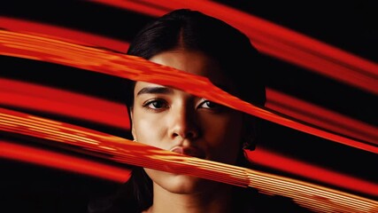 Poster - Surreal video portrait with red and black abstract stripes moving rhythmically across a person’s face and body, blending into the background with glitchy transitions.

